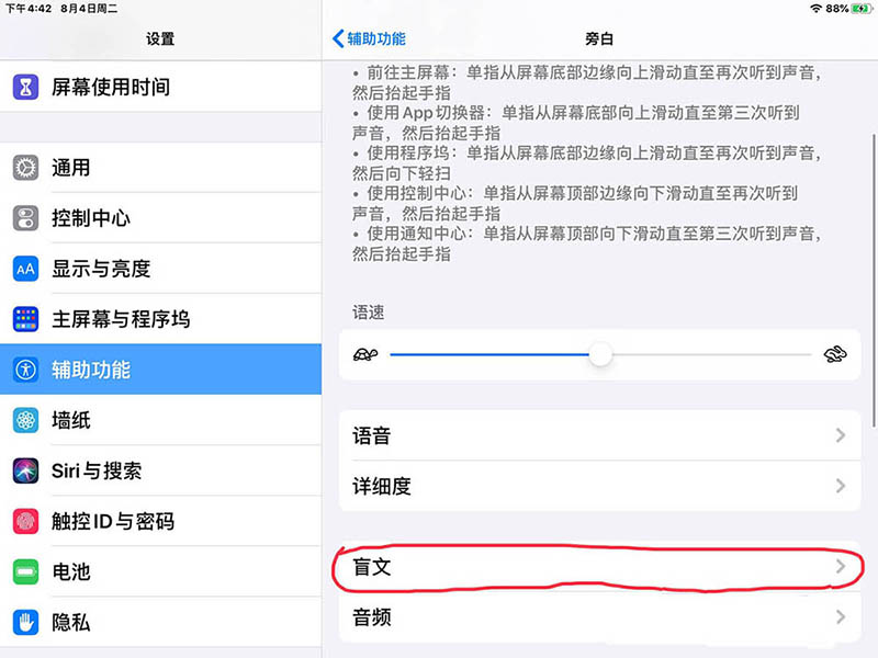 iPad旁白怎么設(shè)置盲文的按鍵彈回速度?