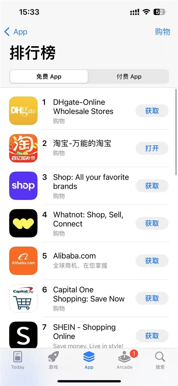 因为关税战 中国电商平台成了美国App Store榜一大哥